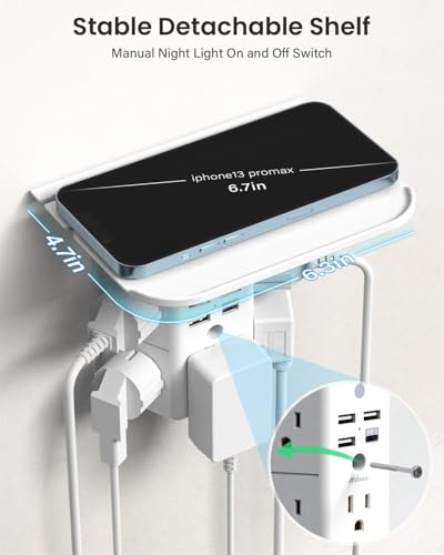 Mifaso Outlet Extender with Shelf and Night Light, 1800J Surge Protector - color: White, size: 1C3A