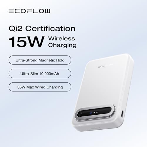 EF ECOFLOW Rapid Mag Power Bank, Qi2 Certified 15W Ultra-Fast MagSafe-Compatible Portable Charger, 10,000mAh Magnetic Power Charger with Foldable Stand, for iPhone 17/16/15. - color: White