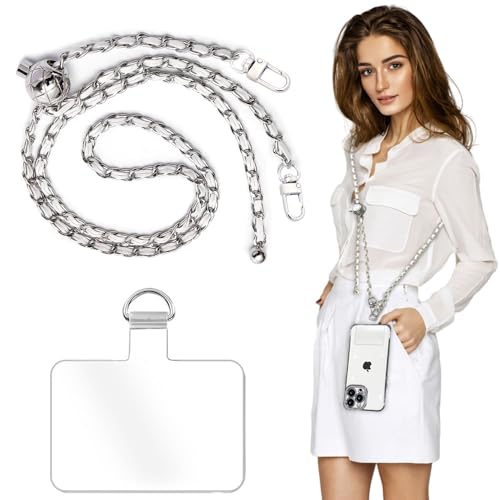 Cell Phone Lanyard Phone Crossbody Chain, Adjustable Cellphone Straps,Leather+Metal Shoulder Strap Chain with Phone Tether Patches Compatible with Most Phones Bag Purse - color: D