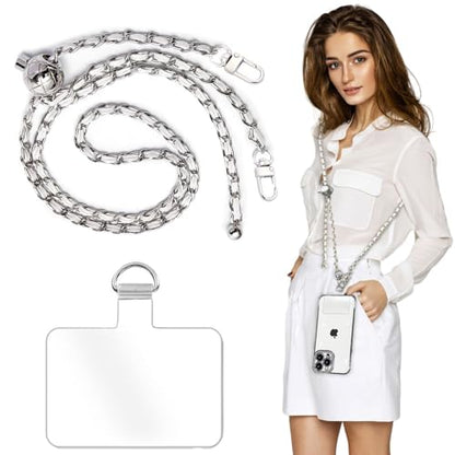 Cell Phone Lanyard Phone Crossbody Chain, Adjustable Cellphone Straps,Leather+Metal Shoulder Strap Chain with Phone Tether Patches Compatible with Most Phones Bag Purse - color: D