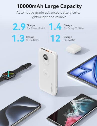 Portable Charger 10000mAh 20W, Wall Plug, 2 Cables, iWatch Charging - color: Auroral White