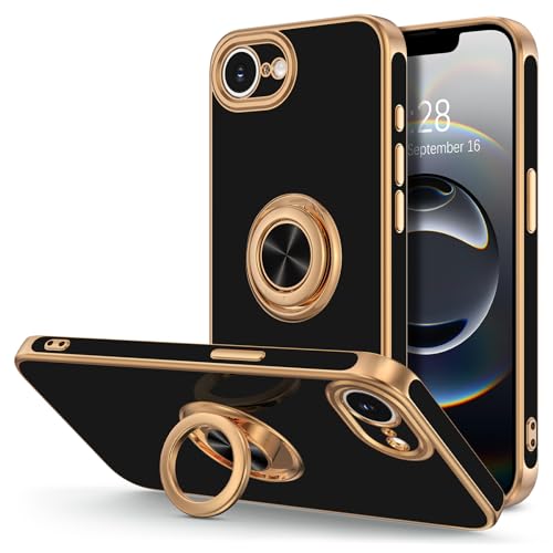 Hython for iPhone 16e Case with Ring Stand, 360° Rotatable Ring Holder Magnetic Kickstand, Plating Rose Gold Edge Soft Cover Protective Phone Case for iPhone 16e 6.1", Black - color: Black, size: Iphone 16e - 6.1 Inch