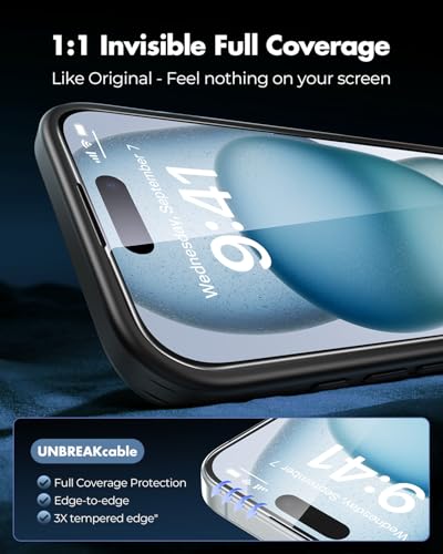 UNBREAKcable 3-Pack Screen Protector for iPhone 15,Tempered Glass | Shatterproof Glass,One Pull Perfection,Auto Dust Elimination,99.99% HD Clear,Bubble Free,Full Coverage for Apple 6.1 Inch - size: iPhone 15