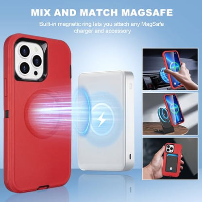 Magnetic for iPhone 13 Pro Max Case with Belt Clip Holster, Black Red | Heavy Duty Military Grade Drop Protection Case for iPhone 13 Pro Max, 6.7", with 360°Rotating Kickstand 6.7" - color: Red+Black