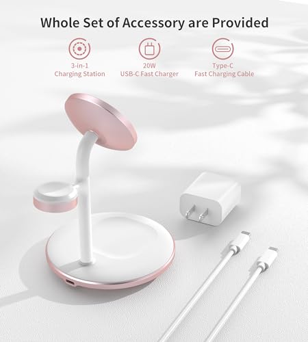 3 in 1 Magnetic Wireless Charging Station for Apple Devices,15W for Magsafe - color: Pink