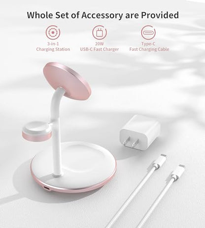 3 in 1 Magnetic Wireless Charging Station for Apple Devices,15W for Magsafe - color: Pink