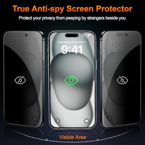 2 Pack for iPhone 15 Privacy Tempered Glass Screen Protector 6.1 Inch, 9H Hardness, Scratch Resistant with Updated Easy Installation Tool