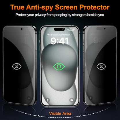 2 Pack for iPhone 15 Privacy Tempered Glass Screen Protector 6.1 Inch, 9H Hardness, Scratch Resistant with Updated Easy Installation Tool