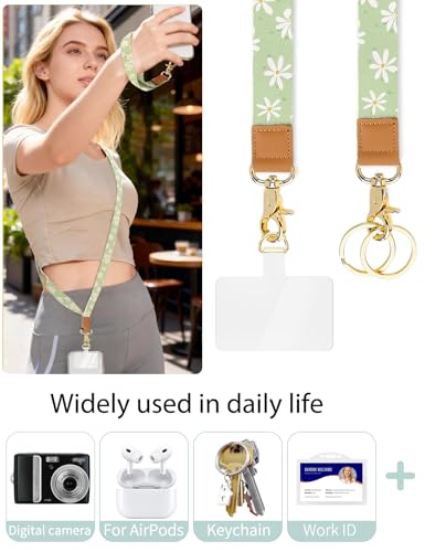Phone Lanyard Crossbody Strap, Adjustable Neck Strap and Wristlet Strap for Phone Wallet ID Badge with 2 Phone Tabs - color: Green Daisies