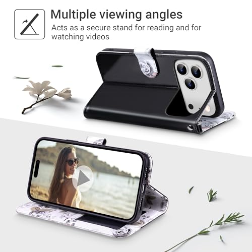 ULAK Compatible with iPhone 17 Pro Wallet Case with Card Holder, PU Leather Case with Kickstand Card Slots Wrist Strap, Durable Shockproof Protective Cover 6.3 Inch, Black Flower - color: Black, size: iPhone 17 Pro - 6.3 inch
