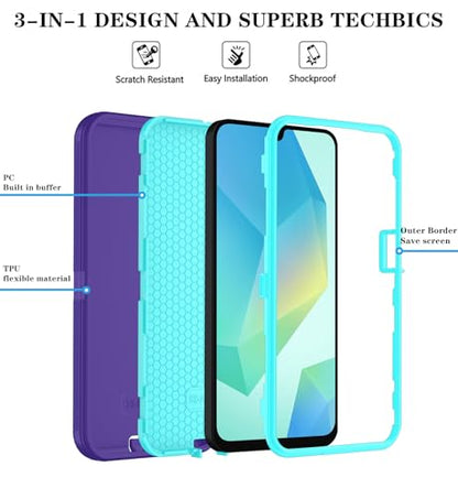 Qinmay Phone Case for Samsung Galaxy A17 5G Case, Galaxy A16 5G Case with HD Screen Protector, Heavy Duty Shockproof 3-Layer Cover Phone Case for Galaxy A17 / A16 ，PurpleSkyBlue - color: PurpleSkyBlue