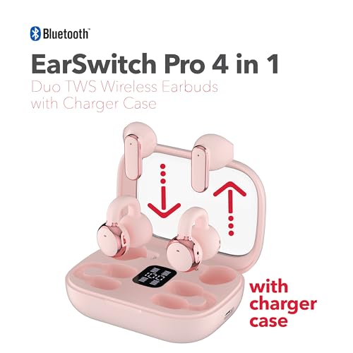 RCA EarSwitch Pro 4-in-1 Duo TWS Wireless Earbuds, Bluetooth 5.4 Open-Ear & in-Ear Dual Buds with LED Charging Case, Touch Control, Built-in Mic, 6H Playtime for Sport & Office (Pink) - color: Pink