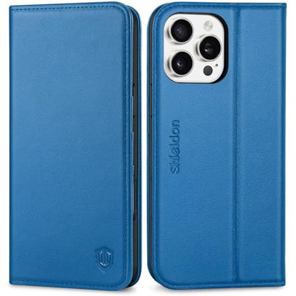 SHIELDON Real Leather Wallet Case for iPhone 16 Pro Max 6.9", Sapphire Blue | Magnetic Closure, RFID Blocking, Credit Card Holder, Viewing Stand, Foldable Design, Shockproof Protective Cover - color: Sapphire Blue