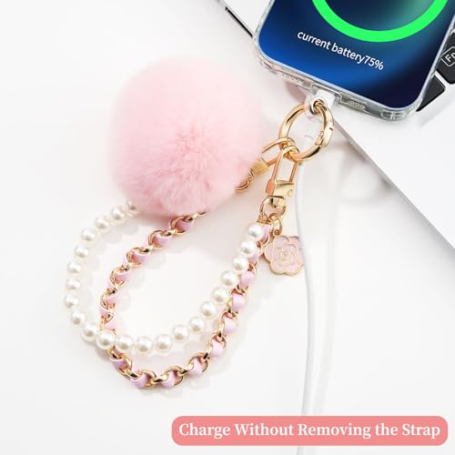 WOZEAH Phone Charm for Women, Beaded Wrist Strap Lanyard with Tether Tab – Detachable Phone Chain Wristlet - color: Pink Pompom