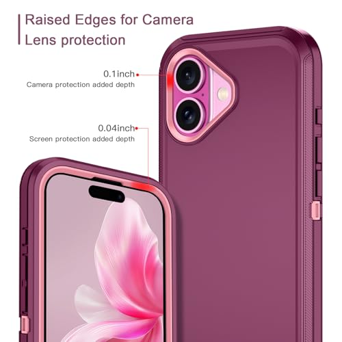 for iPhone 16 Case Heavy Duty Protective Shockproof Dropproof 3-Layer Full Body Protection [Without Screen Protector] Tough Rugged Cover for Apple iPhone 16 6.1 inch 2024,Purple/Pink - color: Purple/Pink