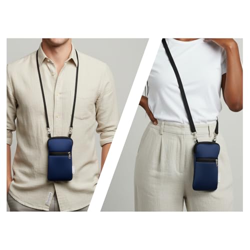 Tainada Crossbody 2-Zip Phone Case Bag w/Neck Strap (Navy Blue) | For Men/Women; Water-resistant neoprene material, shockproof, lightweight; Compatible with most of smartphones - color: Navy Blue