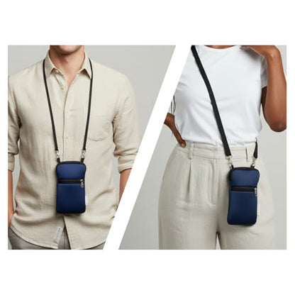 Tainada Crossbody 2-Zip Phone Case Bag w/Neck Strap (Navy Blue) | For Men/Women; Water-resistant neoprene material, shockproof, lightweight; Compatible with most of smartphones - color: Navy Blue