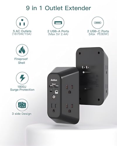 Addtam 5-Outlet Extender Surge Protector, Multi Plug Wall Outlet with 4 USB Wall Charger(PD 30W), Plug Extension Outlet 1800J, Outlet Splitter Power Strip for Home Office Dorm Room Essentials, Black - style: 2C2A PD 30W