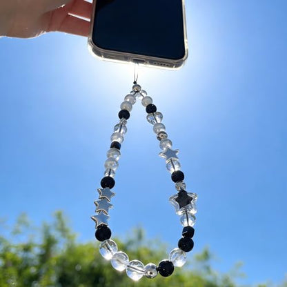 Cute Beaded Camera Wrist Strap for Phone, Digital Camera Charm Lanyard, Pearl Beaded Chain for Bag Keychain Gift - color: Black Star