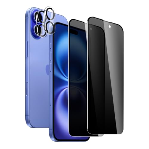 2 Pack Privacy Screen Protector for iPhone 16 with 2 Pack Camera Lens Protector, 9H Hardness Double Shatterproof Anti-Spy Tempered Glass Film, Easy Installation - size: iPhone 16