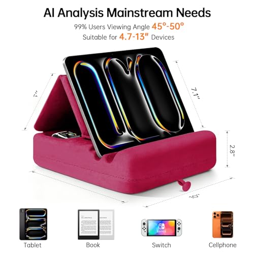 Tablet Pillow Stand with Storage, Foldable iPad Holder for Lep, Bed, Sofa, and Desk - Soft Pad Dock with Pocket and Stylus Mount Compatible with 4-13" iPad Pro/Air/Mini, Galaxy Tab, Kindle (Red) - color: Red