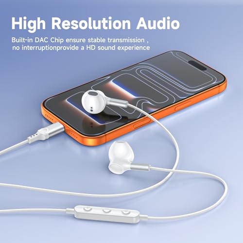 USB C Headphones Wired Earbuds for iPhone 17 Air 16 15 Plus Pro Max Samsung - color: White
