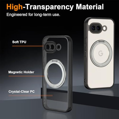 Magnetic Case for Google Pixel 10a Phone 2026 with Rotating Stand, Slim Non-Yellowing Transparent Clear Shockproof Cover with Wireless Charging (Black) - color: Black, size: Pixel 10a