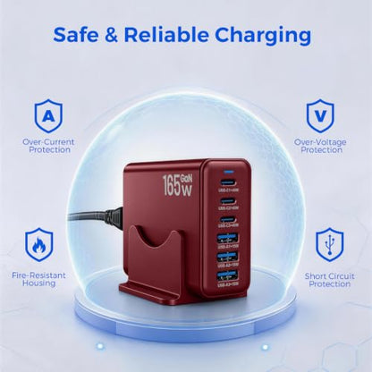 165W GaN Charging Station, 6-Port Desk Charging Station, Burgundy - color: Burgundy