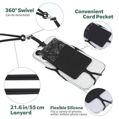 2Pcs Cell Phone Lanyard Crossbody Adjustable Neck Phone Holder with Card Pocket, Universal Silicone Neck Strap - color: Black