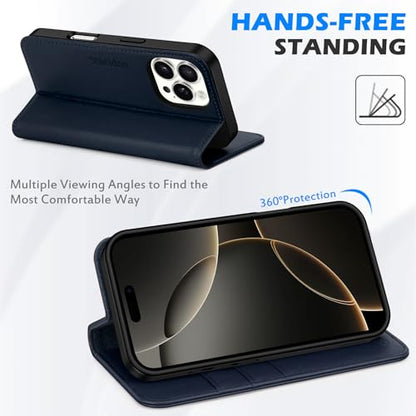 SHIELDON Genuine Leather Flip Case Wallet for iPhone 16 Pro 6.3", Navy Blue | Magnetic Closure, RFID Blocking, Credit Card Slot, Viewing Stand, Foldable Design, Shockproof TPU Phone Cover - color: Navy Blue