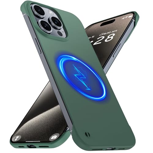 GRECAZO Magnetic Slim Frameless Case for iPhone 15 Pro, Dark Green | Compatible with MagSafe, Soft-Touch Matte Hard PC Cover, Ultra Thin Lightweight Minimalist, Pull Ring Lanyard, 6.1 Inch - color: Dark Green, size: iPhone 15 Pro