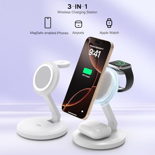 3 in 1 Foldable Magnetic Wireless Charging Station,iPhone Mag-Safe Charger - color: White, size: 2Pack