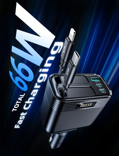 AKESR 5-in-1 Retractable Car Charger，66W Car Charger USB C Fast Charge