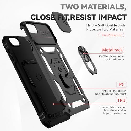 SunStory Compatible with iPhone SE 2022/2020/3rd/2rd / 6/7/8 Case with HD Screen Protector & Slide Camera Cover & Kickstand, [Military-Grade] Phone Case for iPhone SE 2020/2022/6/7/8 (BBlack) - color: BBlack