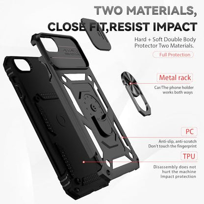 SunStory Compatible with iPhone SE 2022/2020/3rd/2rd / 6/7/8 Case with HD Screen Protector & Slide Camera Cover & Kickstand, [Military-Grade] Phone Case for iPhone SE 2020/2022/6/7/8 (BBlack) - color: BBlack