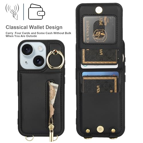 Crossbody Wallet Case for iPhone 11, with Card Slots Zipper Pocket Case, Flip Folio Purse RFID Blocking with Ring Kickstand Detachable Strap-Black - color: Black, size: iPhone 11(6.1")