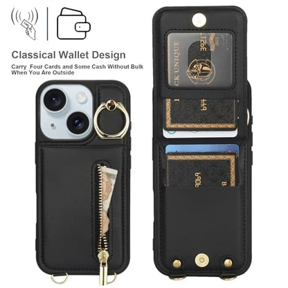 Crossbody Wallet Case for iPhone 11 with Lanyard Strap Card Slot Holder RFID Blocking Ring Kickstand,Magnetic Flip Folio Zipper Purse Case, PU Leather Cover Handbag,Black - color: Black, size: iPhone 11(6.1")
