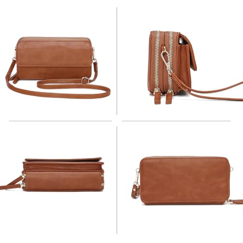 RFID Crossbody Wallet Wristlet Purse with Phone Pocket For Women Vegan Leather - color: Brown