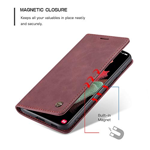 Kowauri Flip Case for Galaxy S21 Ultra - Leather Wallet With Card Slot and Magnetic Closure for Samsung Galaxy S21 Ultra 5G (Wine Red) - color: Wine red