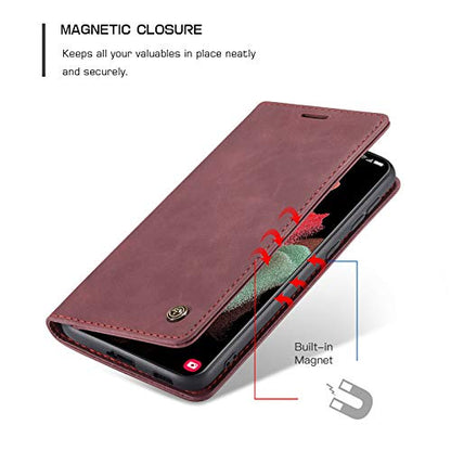 Kowauri Flip Case for Galaxy S21 Ultra - Leather Wallet With Card Slot and Magnetic Closure for Samsung Galaxy S21 Ultra 5G (Wine Red) - color: Wine red