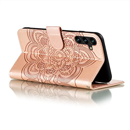 EYZUTAK Case for Samsung Galaxy A15 4G/5G, Premium Leather Magnetic Closure Flip Wallet Phone Case with Card Holder Cash Slot Stand Function Embossed Mandala Flower Shockproof Lanyard Cover -Rose Gold - color: Rose Gold, size: Samsung Galaxy A15 4G/5G
