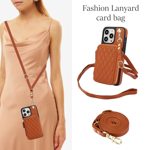 Phone Case for iPhone 14 Pro 6.1 inch Wallet Cell Cover with Tempered Glass Screen Protector Wrist Crossbody Strap RFID Blocking Card Holder iPhone14Pro 5G i i-Phone i14 iPhone14 4 14Pro Women Brown - color: Brown