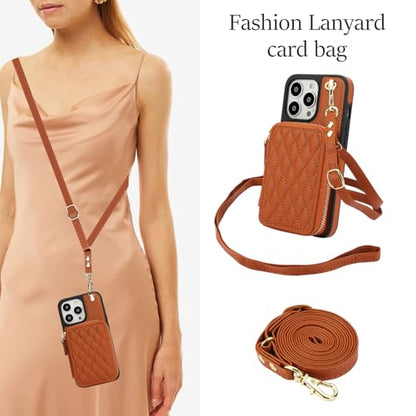 Phone Case for iPhone 14 Pro 6.1 inch Wallet Cell Cover with Tempered Glass Screen Protector Wrist Crossbody Strap RFID Blocking Card Holder iPhone14Pro 5G i i-Phone i14 iPhone14 4 14Pro Women Brown - color: Brown