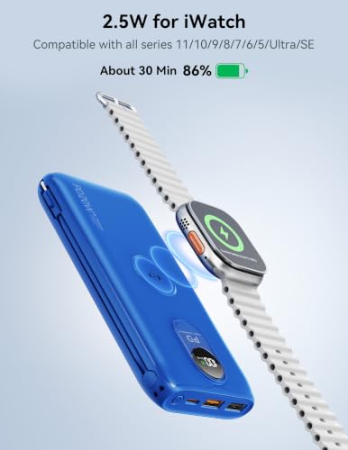 Portable Charger 10000mAh 20W, Wall Plug, 2 Cables, iWatch Charging - color: Sapphire Blue