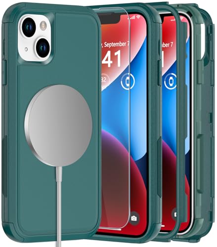 Diverbox Heavy Duty Magnetic Case for iPhone 14 [with Screen & Camera Lens Protector] (Dark Green) - color: Magnetic Dark Green