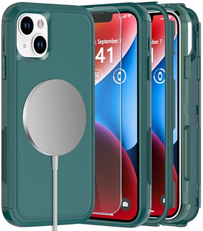 Diverbox Heavy Duty Magnetic Case for iPhone 14 [with Screen & Camera Lens Protector] (Dark Green) - color: Magnetic Dark Green