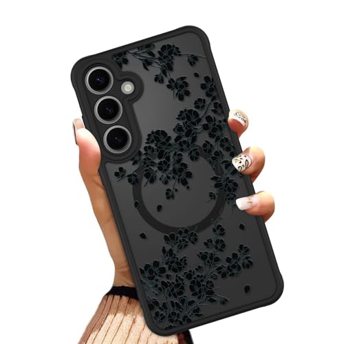 OOK Phone Case Fit for Samsung Galaxy S24 FE 6.7 Inch, Black Flowers Floral | Wireless Charging Compatible, Magnetic Phone Cover, Soft TPU + Hard PC, Anti-Scratch, Shockproof Protection, for Women - color: Black Floral, size: for Samsung Galaxy S24 FE