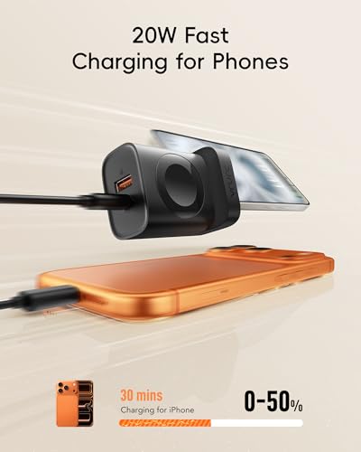 VRURC Fast Charger for iPhone, PD 20W USB C Wall Charger Dual Ports, 3-in-1 Foldable Charging Block Built in Magnetic Watch Charger Station for Apple Watch Ultra/10/9/8/7/6/5/4-Black - color: Black