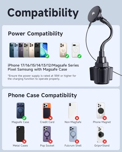Upgraded Qi2 15W for Magnetic Cup Holder Charger, [More Stable & Faster Charging] Magnetic Car Mount Charger 15W Fast Charging with Adjustable Gooseneck for iPhone 17 Pro Max Air 16-12 Series