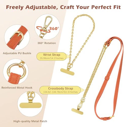 MoKo Universal Phone Crossbody Lanyard Phone Chain, Anti-Theft Adjustable Cellphone Cross Body Neck Strap & iPhone Wrist Strap with 2×Metal Tether Tabs for iPhone 17, Most Smartphones, Orange&Gold - color: Orange&gold